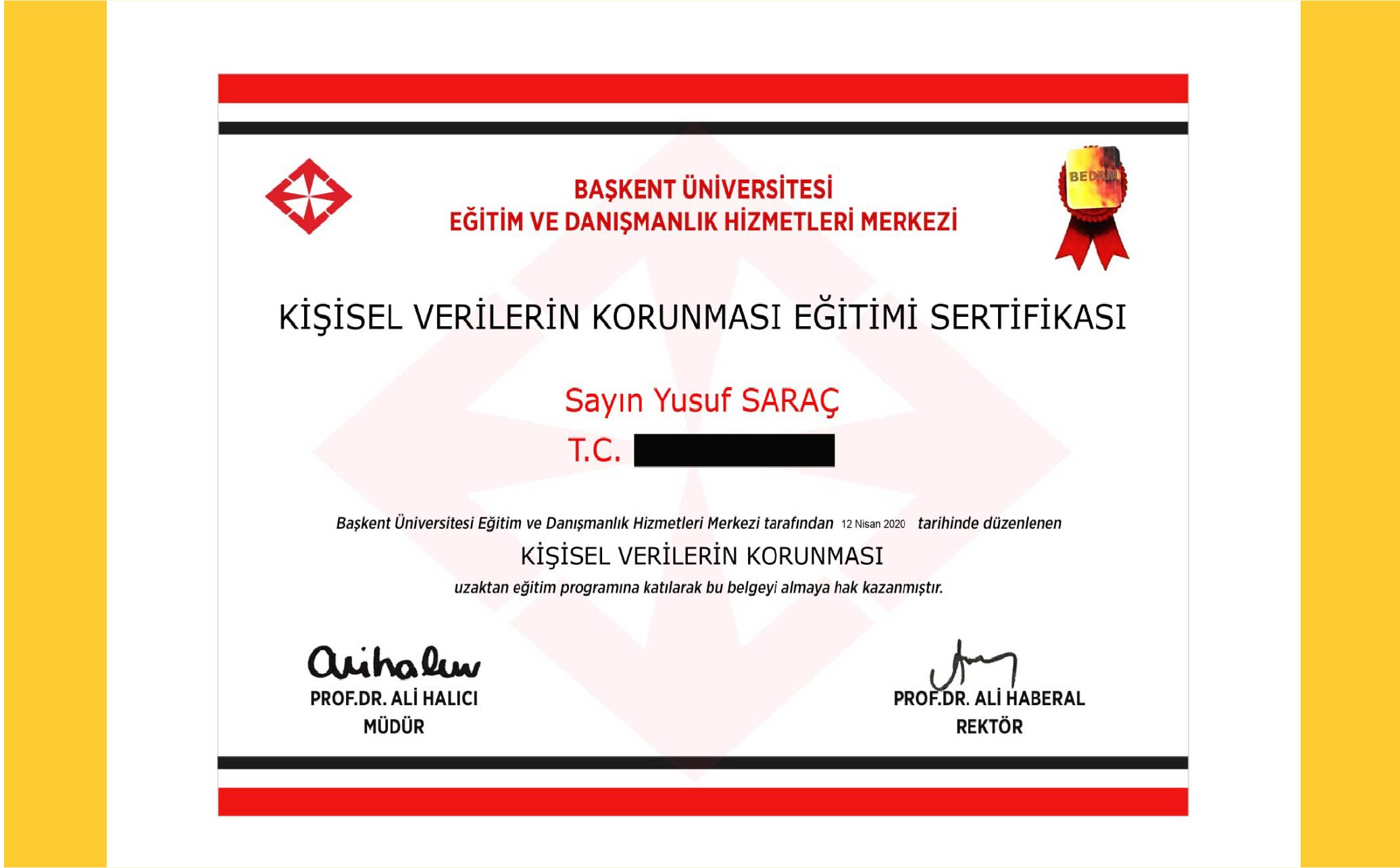 Yusuf Saraç | Başkent Üniverstesi KVKK Eğitimi Sertifikası