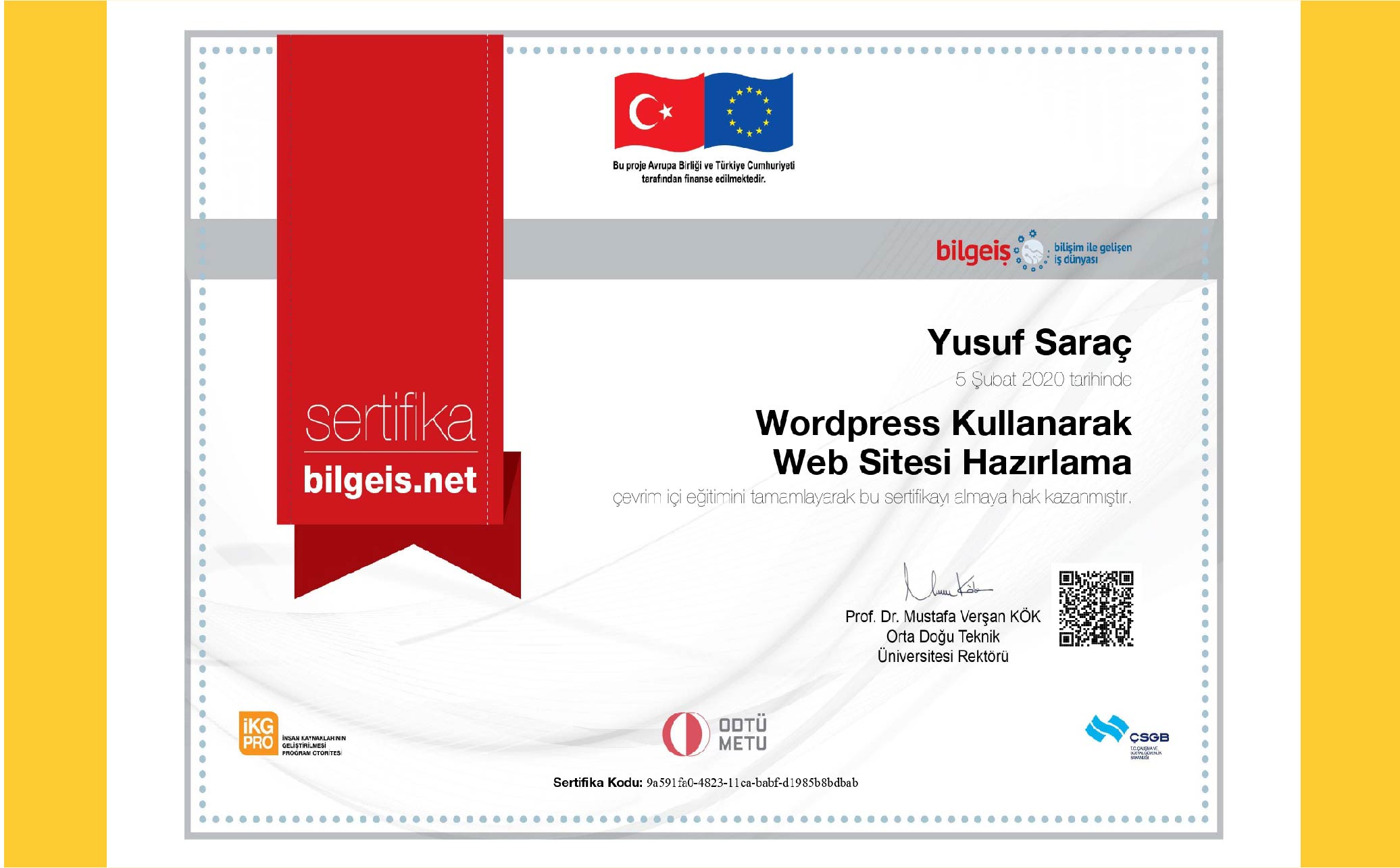 Yusuf Saraç | ODTÜ WordPress Eğitimi Sertifika 1